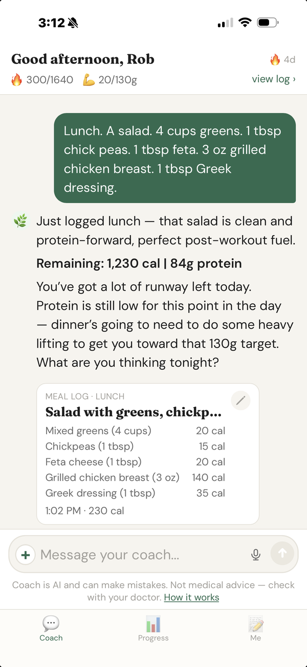 The LivingLean coach logging a salad lunch and showing it as a meal card with an edit pencil