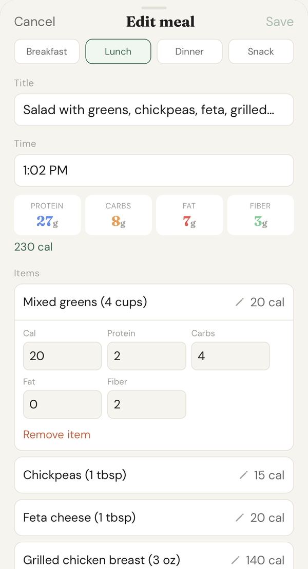 The Edit meal screen showing meal type, title, time, macro totals and an editable item list
