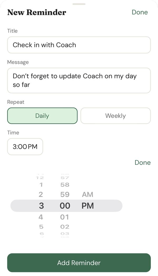 The New Reminder screen with a title, a custom message, daily or weekly repeat and a time picker