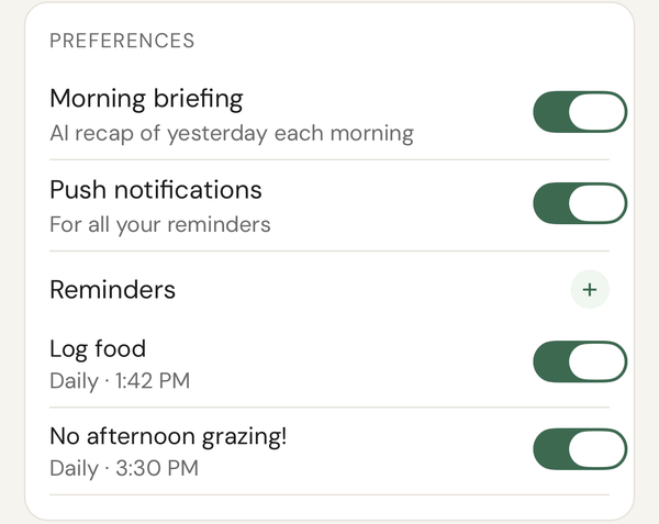 The reminders list in the Me tab with two daily reminders switched on